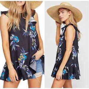 NWT Free People Summer in Tulum‎ Black Floral Ruffle Tunic Dress Top Linen Boho